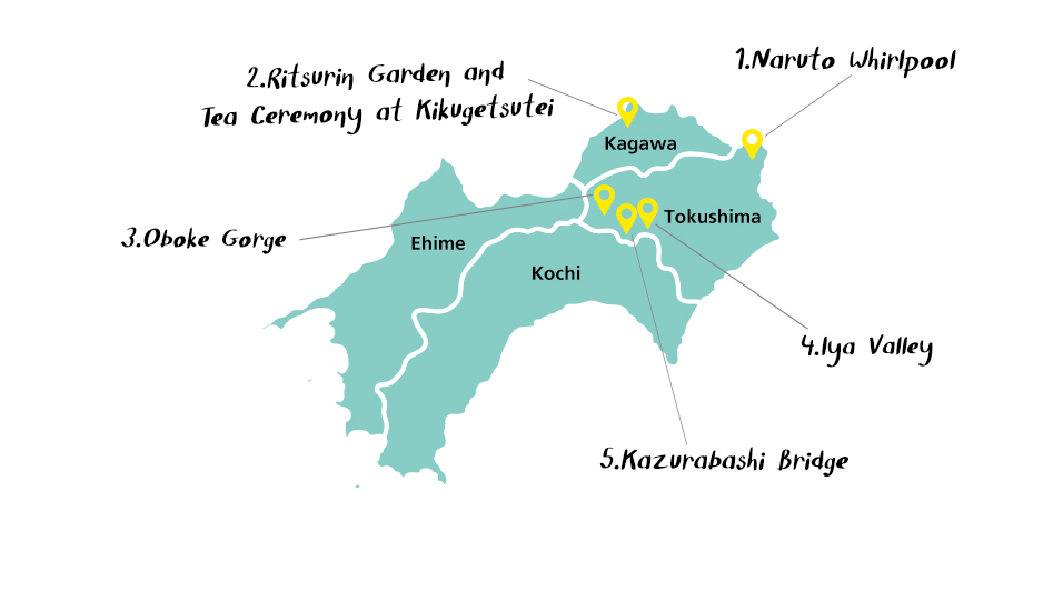 แผนที่ญี่ปุ่น เมืองคางาวะ เมืองโทคุชิมะ เมืองน่าเที่ยวญี่ปุ่น สถานที่ท่องเที่ยวญี่ปุ่น น้ำวนนารุโตะ(Naruto Whirlpool), สวนริทสึริน(Ritsurin Garden),หุบเขาโอโบเคะ (Oboke Gorge),หุบเขาอิยะ (Iya Valley),สะพานคะซุระบาชิแห่ง อิยะ(Kazurabashi Bridge)