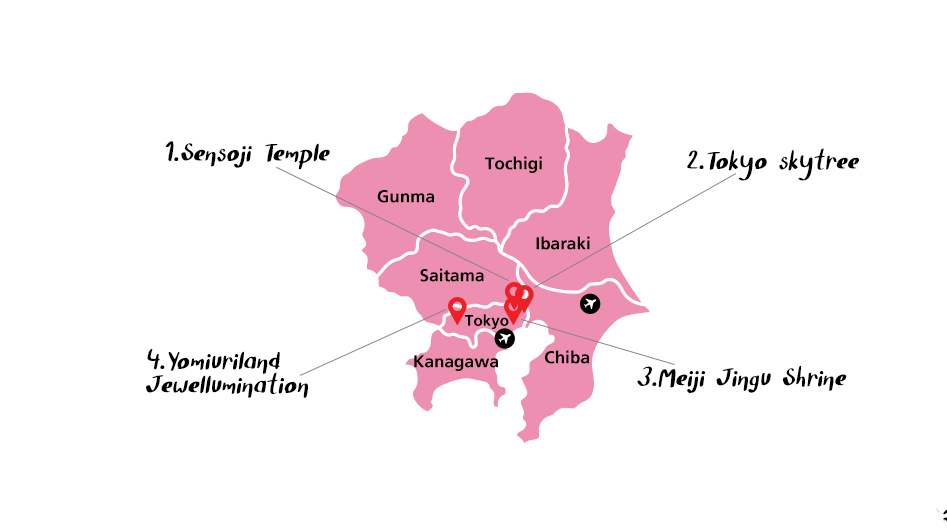 แผนที่ญี่ปุ่น เมืองโตเกียว เมืองน่าเที่ยวญี่ปุ่น สถานที่ท่องเที่ยวญี่ปุ่น วัดเซ็นโซจิ (SENSOJI TEMPLE) โตเกียว สกายทรี (TOKYO SKYTREE) ศาลเจ้าเมจิจิงกู (MEIJI JINGU SHRINE) โยมิอุริแลนด์ จิวเวลลูมิเนชั่น (YOMIURILAND JEWELLUMINATION)