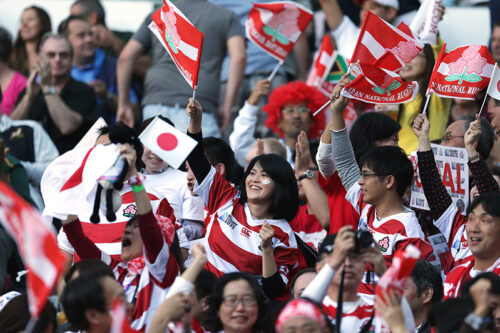 BRIGHTON, ENGLAND - SEPTEMBER 19:  Japan fans support their team during the 2015 Rugby World Cup Pool B match between South Africa and Japan at Brighton Community Stadium on September 19, 2015 in Brighton, United Kingdom.  (Photo by Steve Bardens - World Rugby/World Rugby via Getty Images)