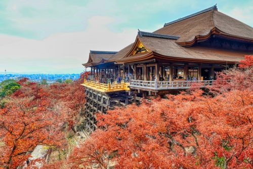Higashiyama Ward, Kyoto  Japan-20201212: A panoramic view of the main hall of Kiyomizu-dera Temple in Kyoto in autumn