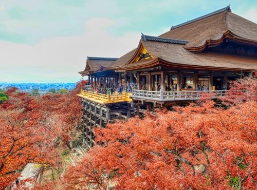 Higashiyama Ward, Kyoto  Japan-20201212: A panoramic view of the main hall of Kiyomizu-dera Temple in Kyoto in autumn